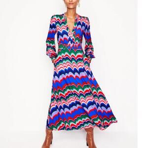 Boden NEW Smocked Ivy Midi Dress Womens Size 2 2R Abstract Wave Colorful Pockets